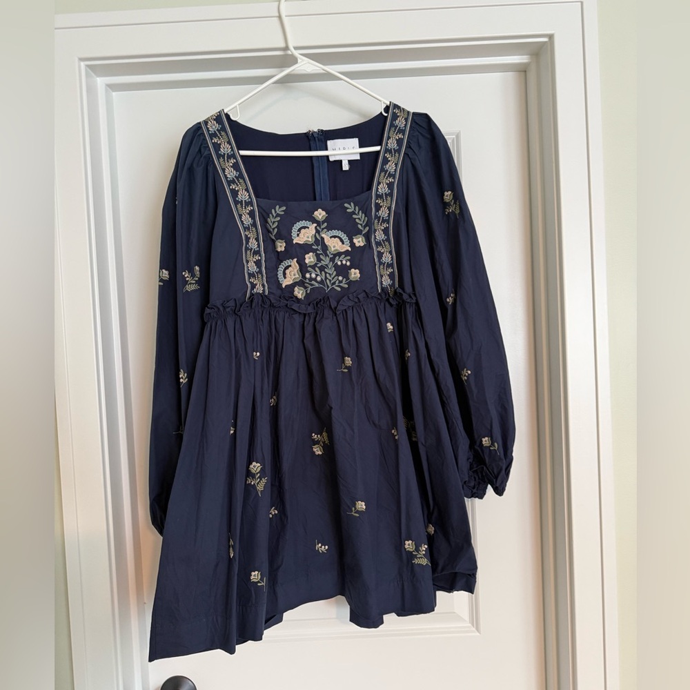MABLE Navy Embroidered Peasant Dres